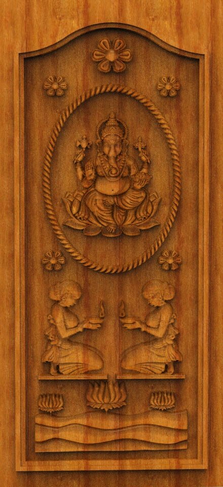 3D DOOR - OAK-76 Lord Ganesha and Diya Lamp Divine Carved Temple Door